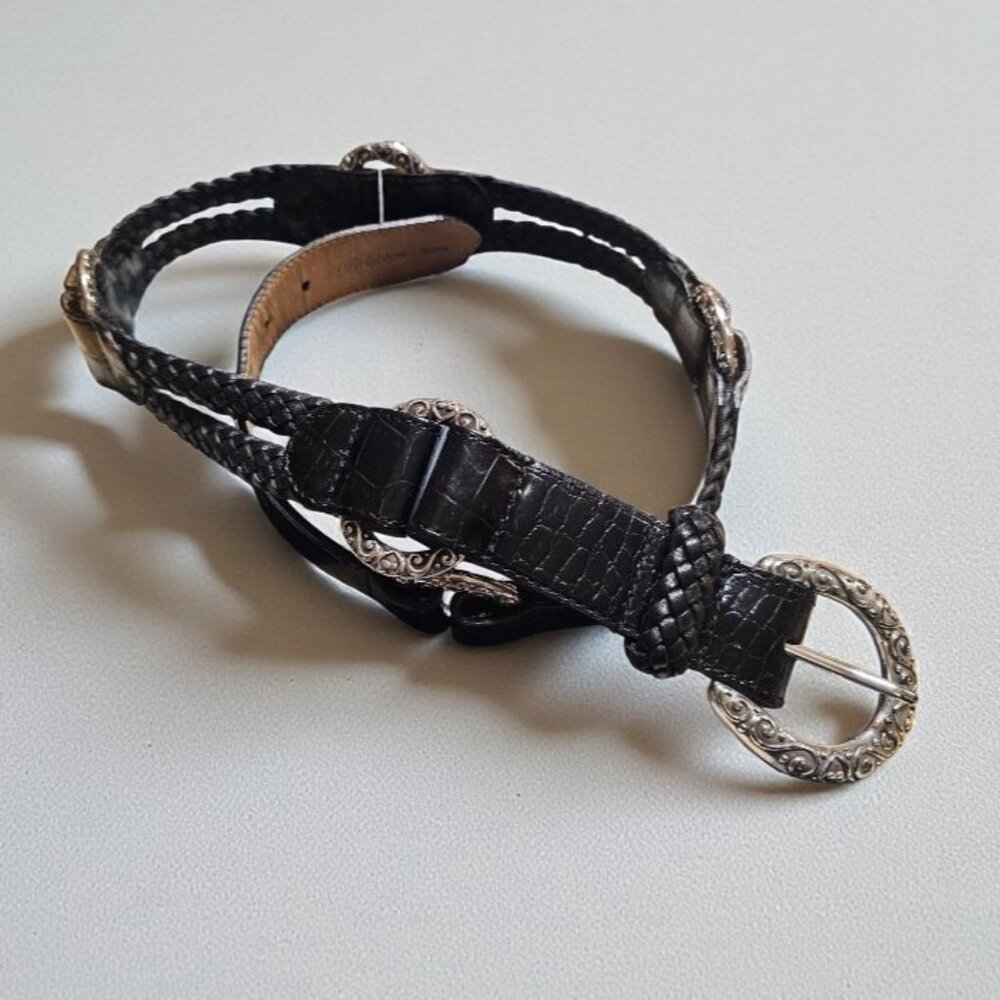 Vtg Brighton Black Croc Embossed Leather Braided Rope Belt  B60133  Size 34